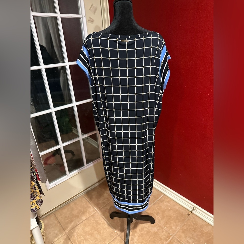 Michael Michael Kors Dress 2X Navy Chain Grid Print Shift Midi NWT - Picture 3 of 11